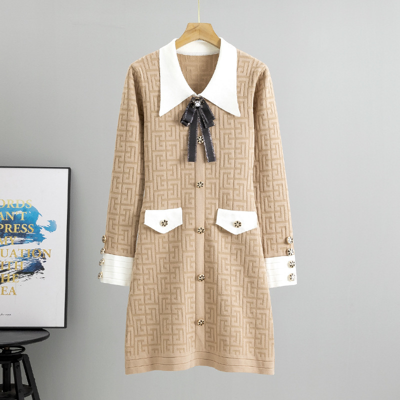 Ladies Bow Lapel Long Sleeve Knitted Dress - Image 3