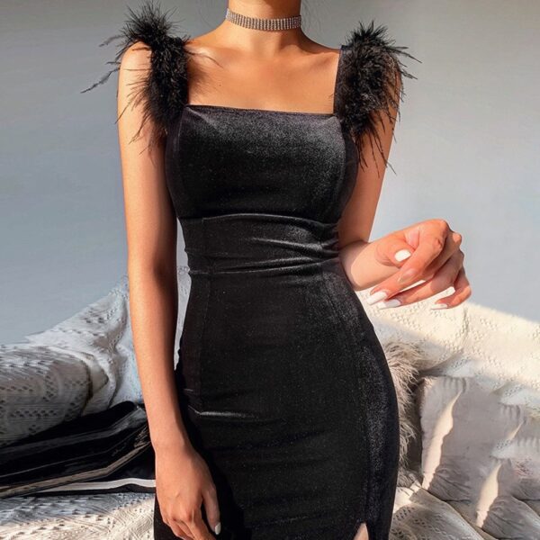 Elegant Slim Fit High Slit Sexy Pleuche Mid-length Dress - Image 5