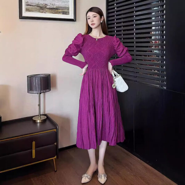 Round Neck Slimming Long Sleeve Solid Color Dress - Image 6