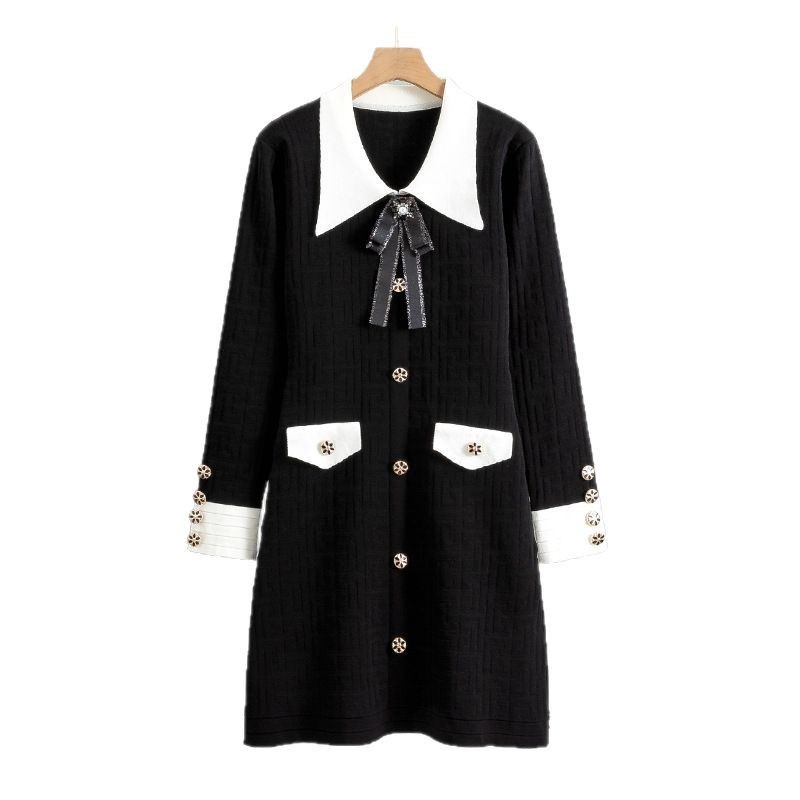 Ladies Bow Lapel Long Sleeve Knitted Dress - Image 4