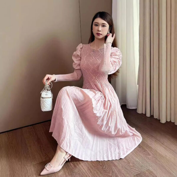 Round Neck Slimming Long Sleeve Solid Color Dress - Image 7