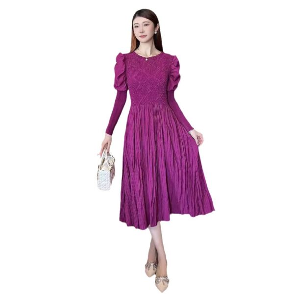 Round Neck Slimming Long Sleeve Solid Color Dress - Image 8