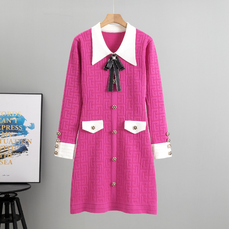 Ladies Bow Lapel Long Sleeve Knitted Dress - Image 2