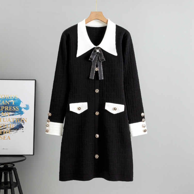 Ladies Bow Lapel Long Sleeve Knitted Dress - Image 5